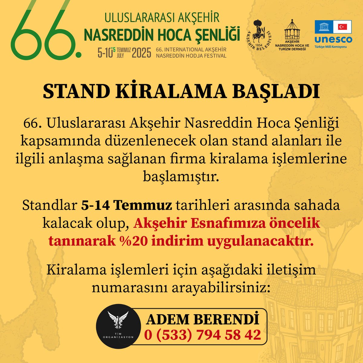 Akşehir Belediyesi 66. Uluslararası Nasreddin Hoca Şenliği İçin Stant Kiralama Başladı